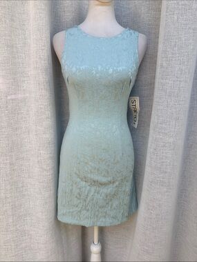 Park Avenue Y2K light blue sleeveless, round-neck mini stretch brocade dress